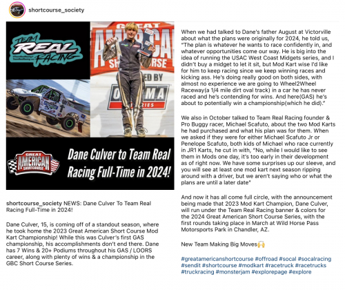 Shortcourse Society announcement of Dane Culver joining Team Real Racing for the 2024 Great American Shortcourse Series racing a Mod Kart